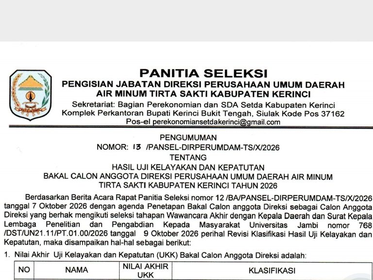 Tiga Besar Seleksi Direksi Perumda Tirta Sakti Kerinci Diumumkan, Berikut Nama-Namanya
